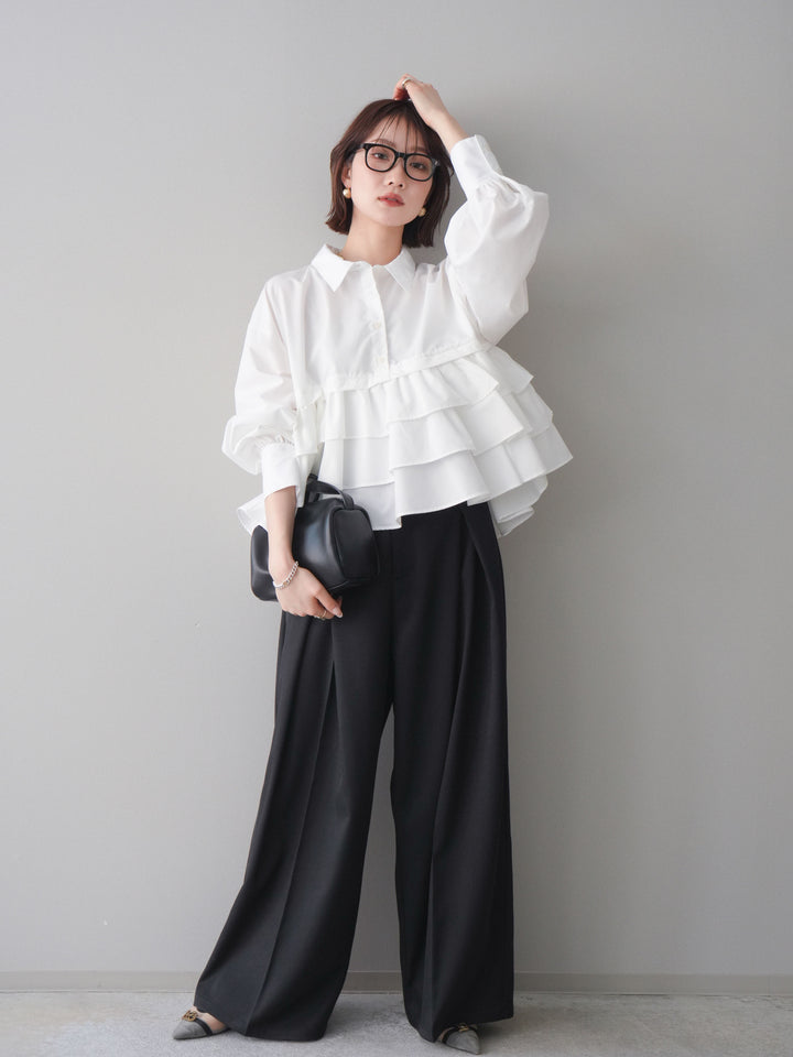 [SET]ブロードティアードショートシャツ+TRツイルデザインタックワイドパンツ(2set)