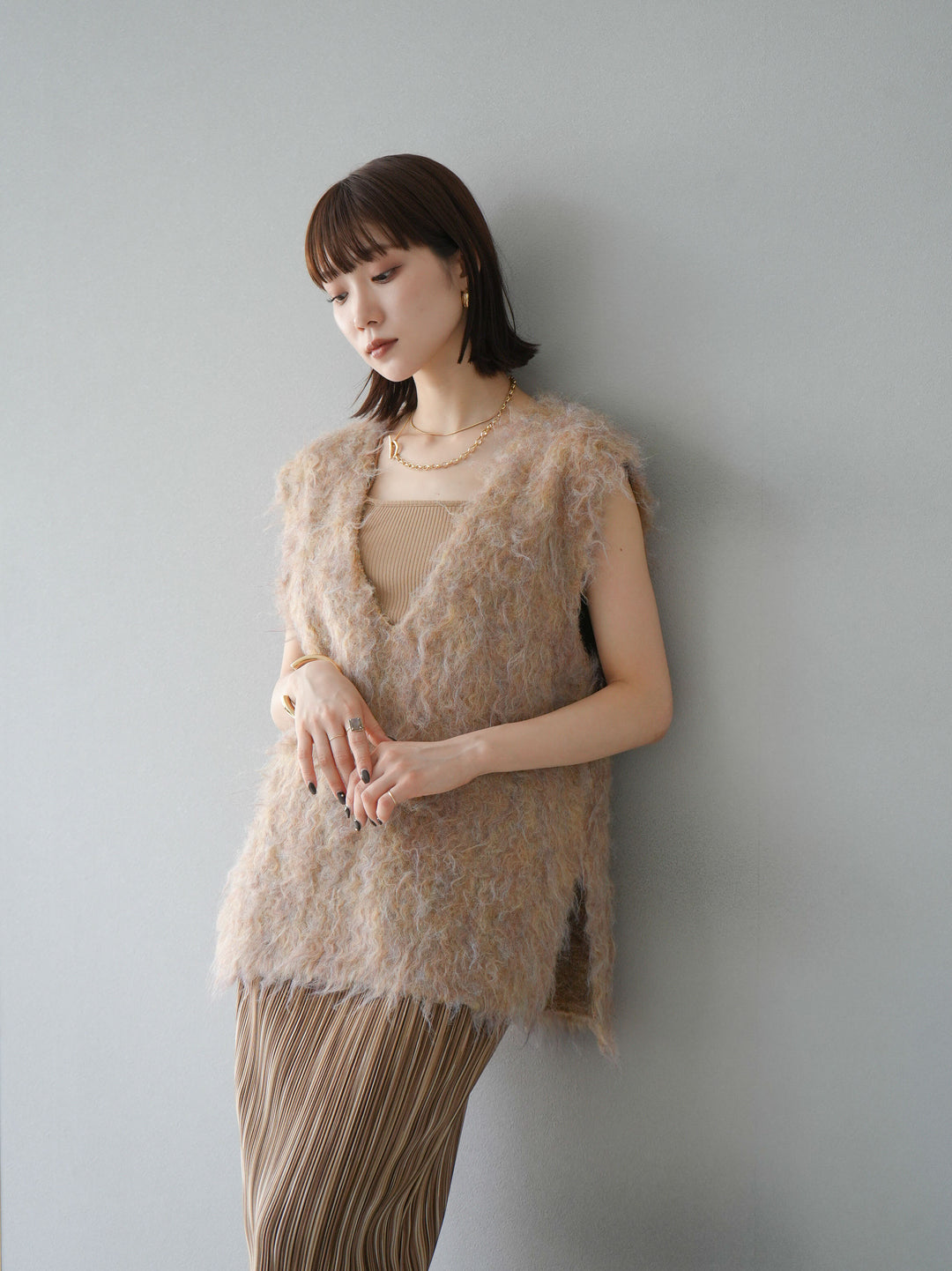 [予約]ウール混ミックスヤーンニットベスト/オレンジ