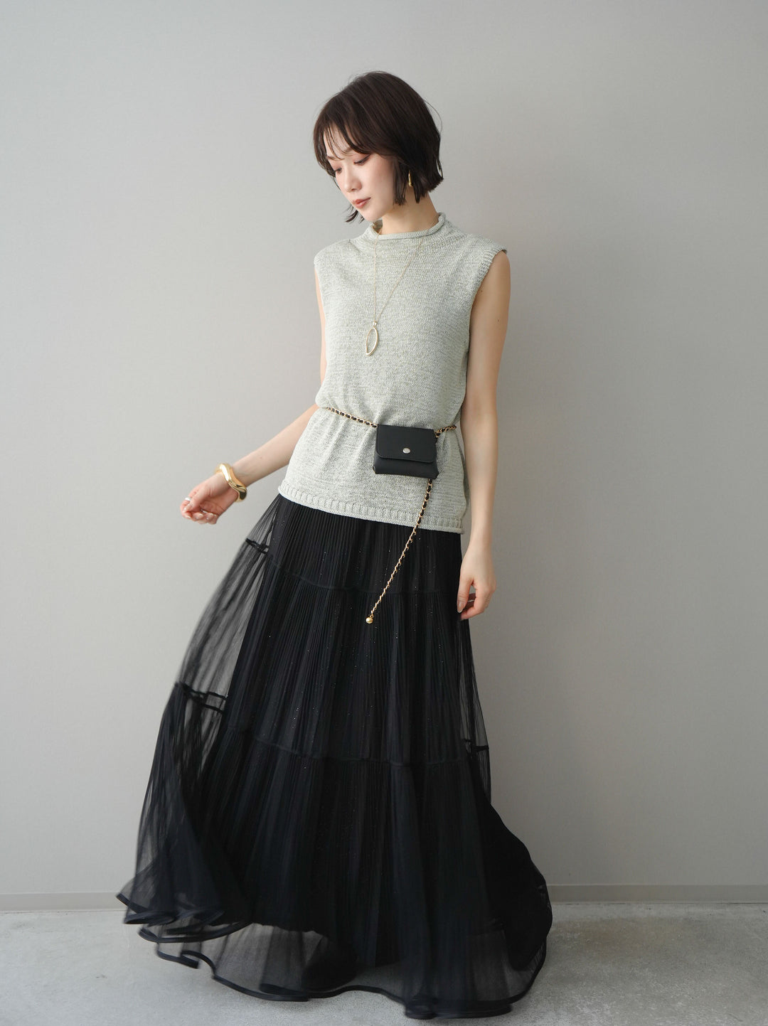 [SET]ラメプリーツレイヤードチュールロングスカート+ラメプリーツレイヤードチュールロングスカート(2set)