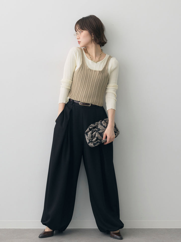 [SET]レイヤードデザインランダムリブニットトップス+ボンディングドロストタックパンツ(2set)