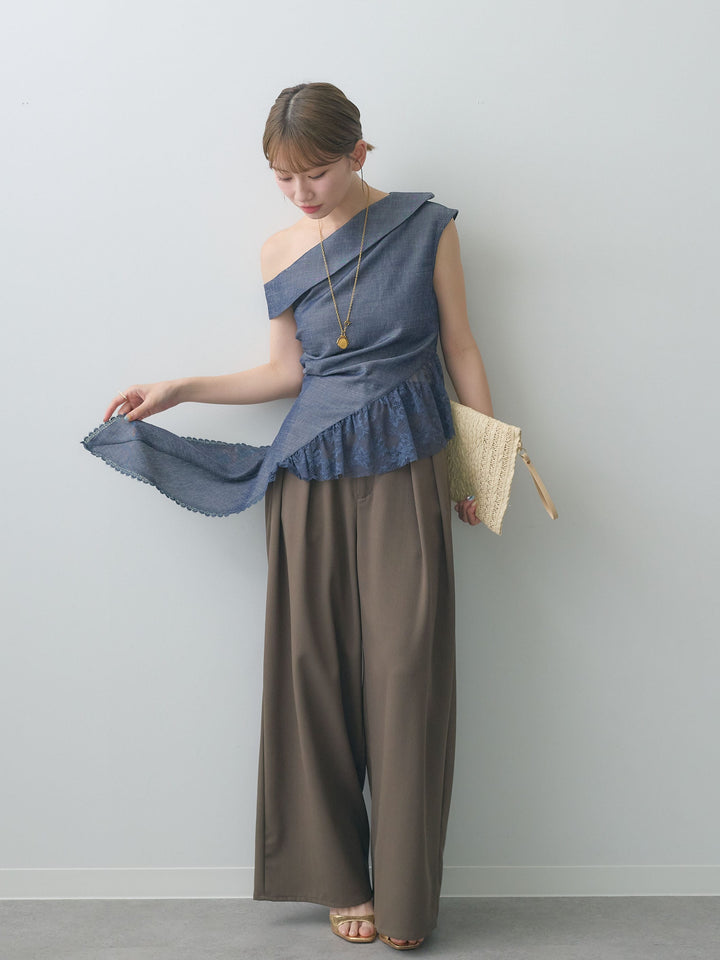 [SET]アシンメトリーラッフルレースヘムトップス+クレープデシンタックワイドパンツ(2set)