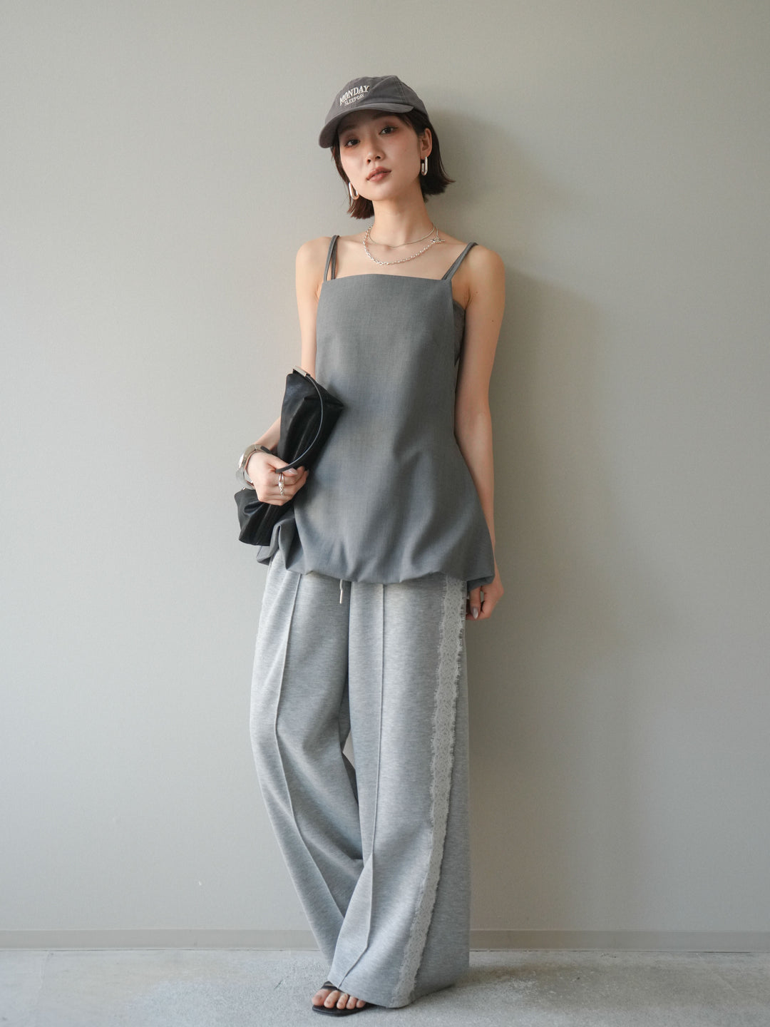 [SET]バックリボンバルーンチュニックキャミ+サイドレースポンチワイドパンツ(2set)