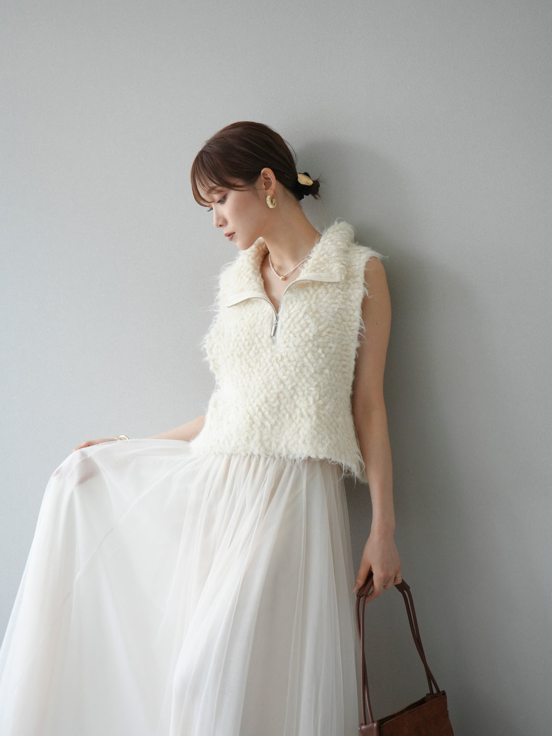 [予約]メランジブークレハーフジップニットベスト/アイボリー