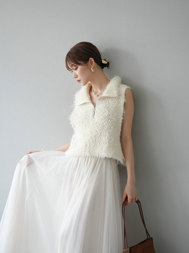 [予約]メランジブークレハーフジップニットベスト/アイボリー