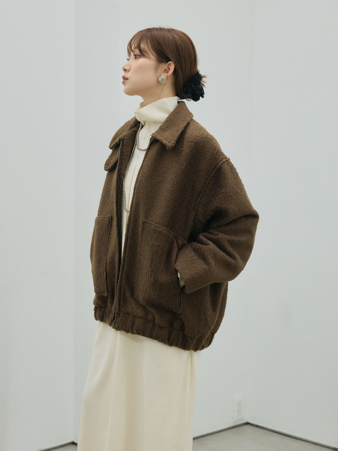 【Allure】[SET]ボトルネックルーズニットワンピース+スタンドカラーシャギーフライトジャケット(2set)