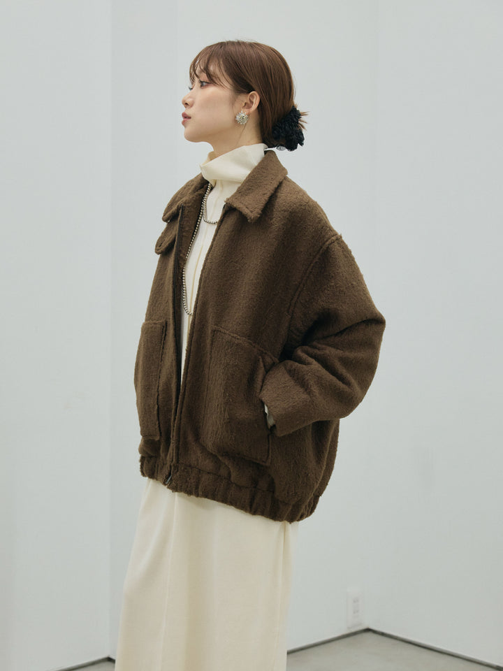 【Allure】[SET]ボトルネックルーズニットワンピース+スタンドカラーシャギーフライトジャケット(2set)