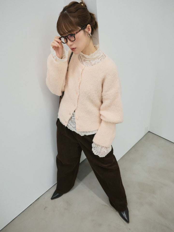 【Allure】[SET]ブークレニットカーディガン+ハイネックレーストップス+コーデュロイタックワイドパンツ(3set)