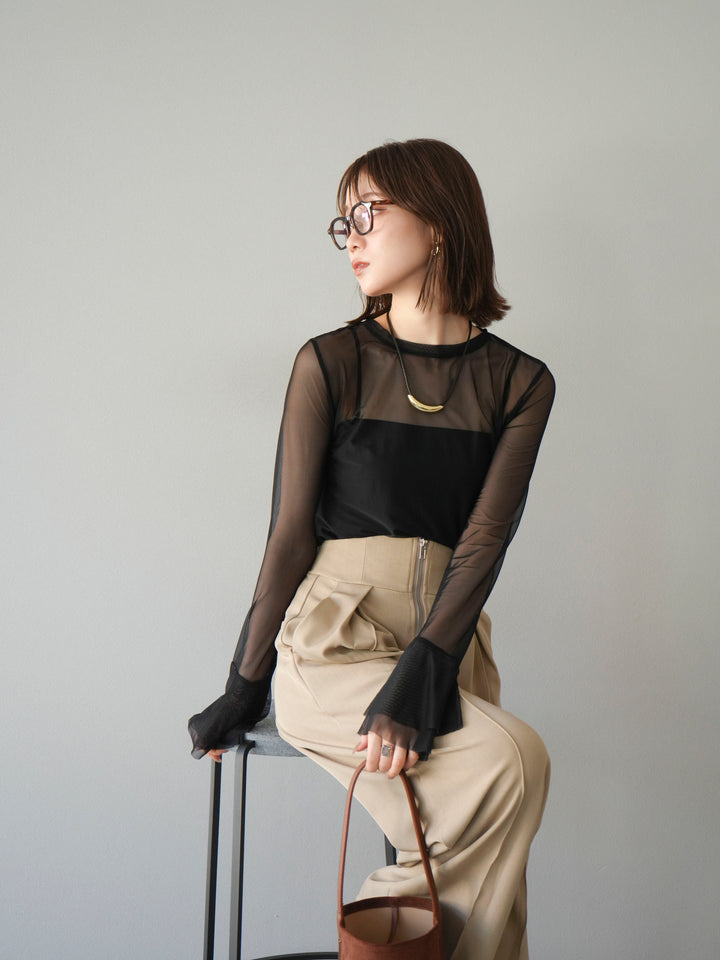 [予約]フレアロングスリーブパワーメッシュトップス/ブラック