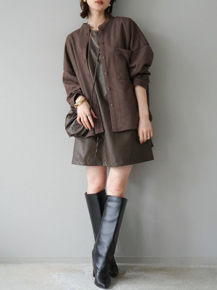 [SET] 麂皮立領外套襯衫 + 附單肩包皮革迷你連身裙（2 套）