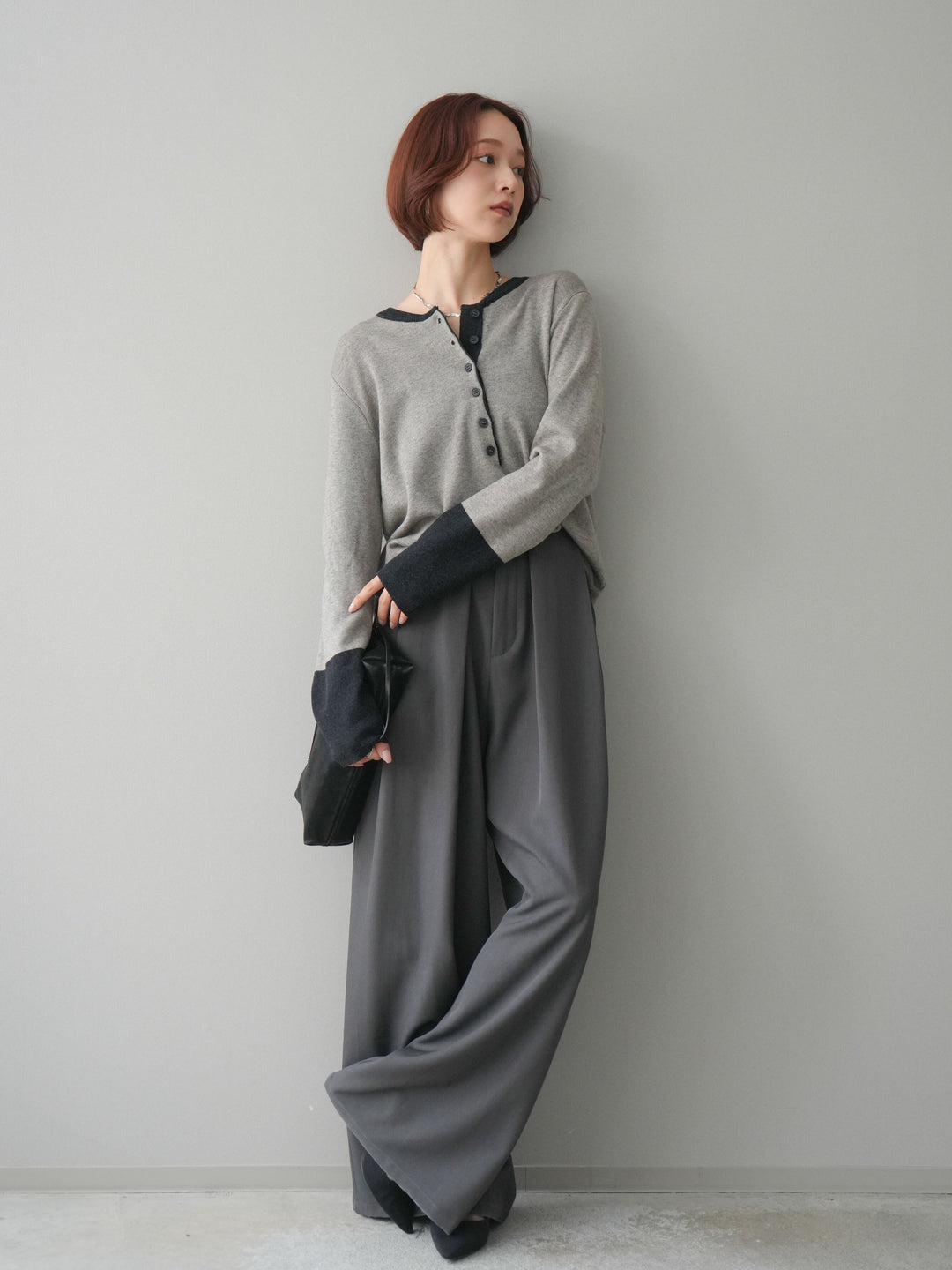 [SET]ヘンリーネック配色ニットソー+ベルトループデザインワイドパンツ(2set)