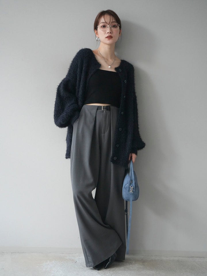 [SET]クルーネックランダムシャギーカーディガン+ベルトループデザインワイドパンツ(2set)