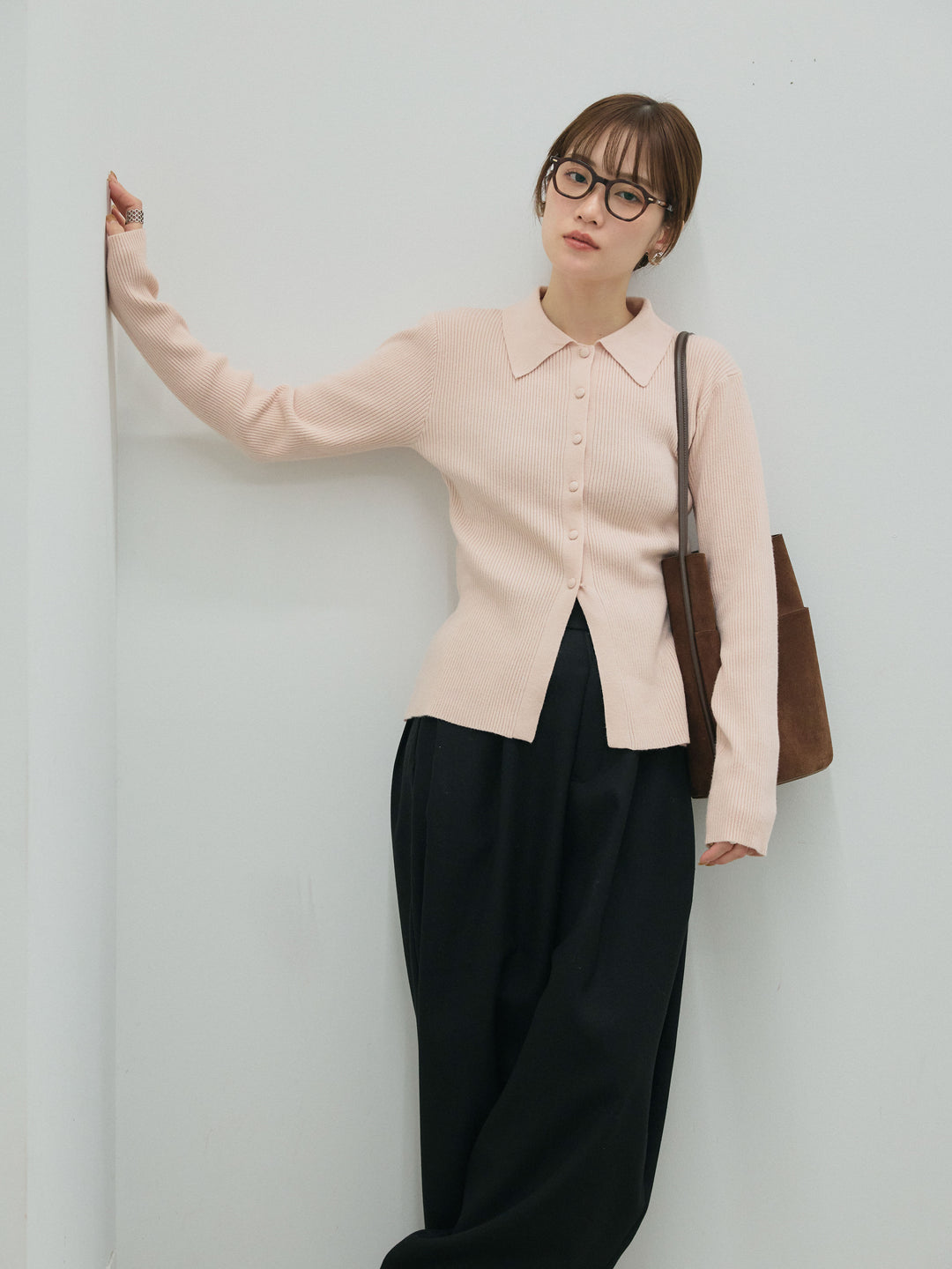 【Allure】[SET]くるみボタンポロリブニットトップス+くるみボタンポロリブニットトップス(2set)