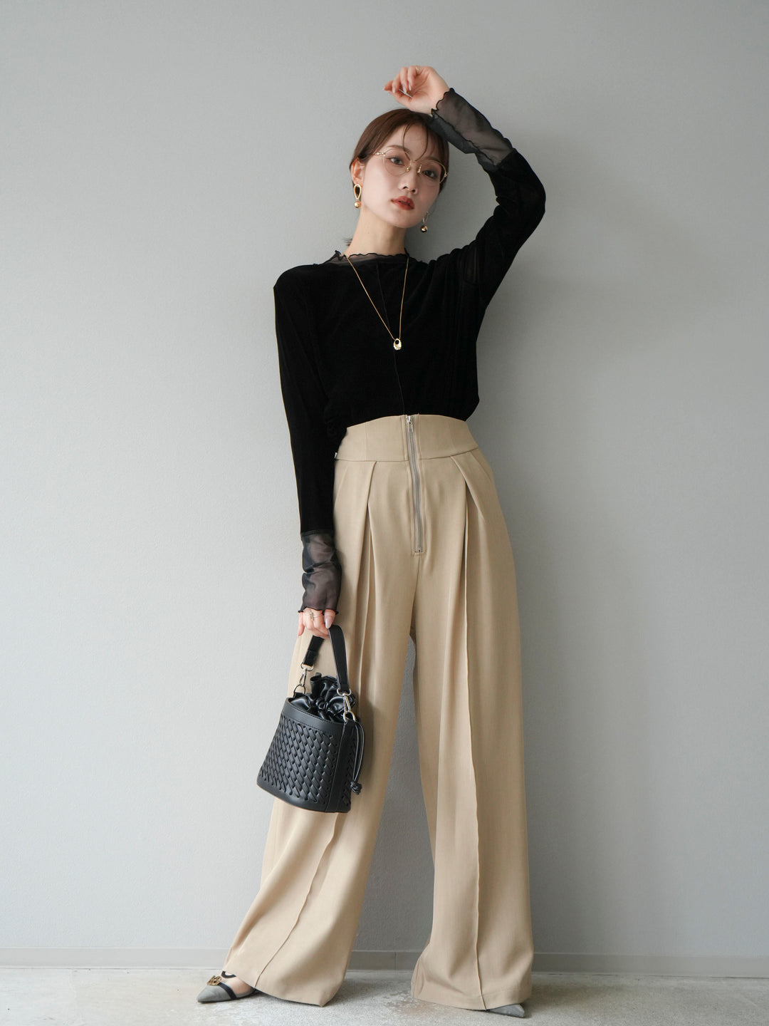 [予約]シアー切替ベロアトップス/ブラック