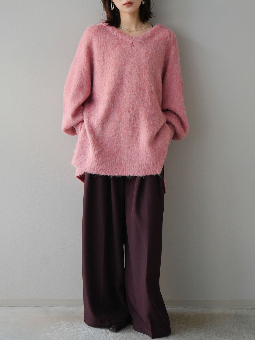 [予約]Vネックオーバーモヘアニットプルオーバー/ピンク