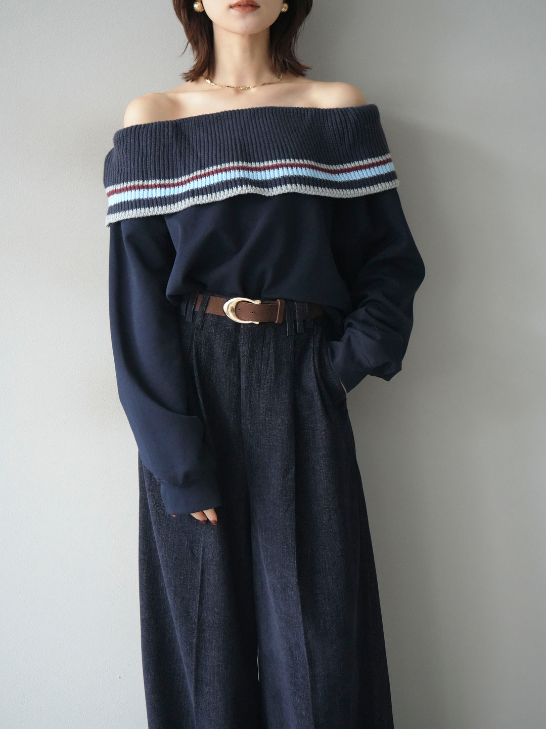 [予約]ボーダーニットオフショルダーxスウェットプルオーバー/navy