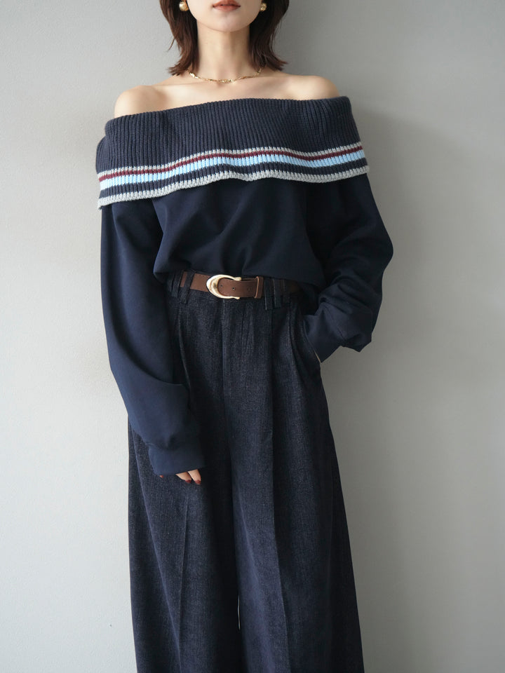 [予約]ボーダーニットオフショルダーxスウェットプルオーバー/navy