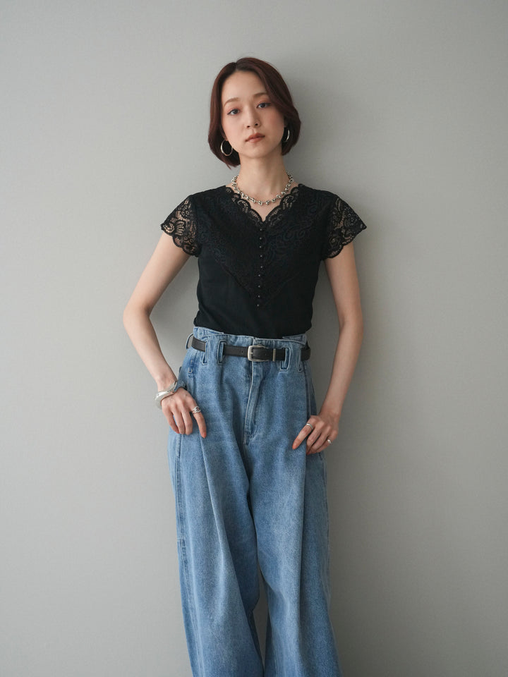 [SET]パールボタンレース切替ニットトップス+ハイウエストベルトループデザインデニムパンツ(2set)
