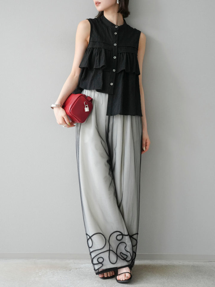 [SET]ドビーストライプアシンメトリーフリルノースリブラウス+コード刺繍チュールレイヤードパンツ+リネンライクイージーワイドパンツ(3set)