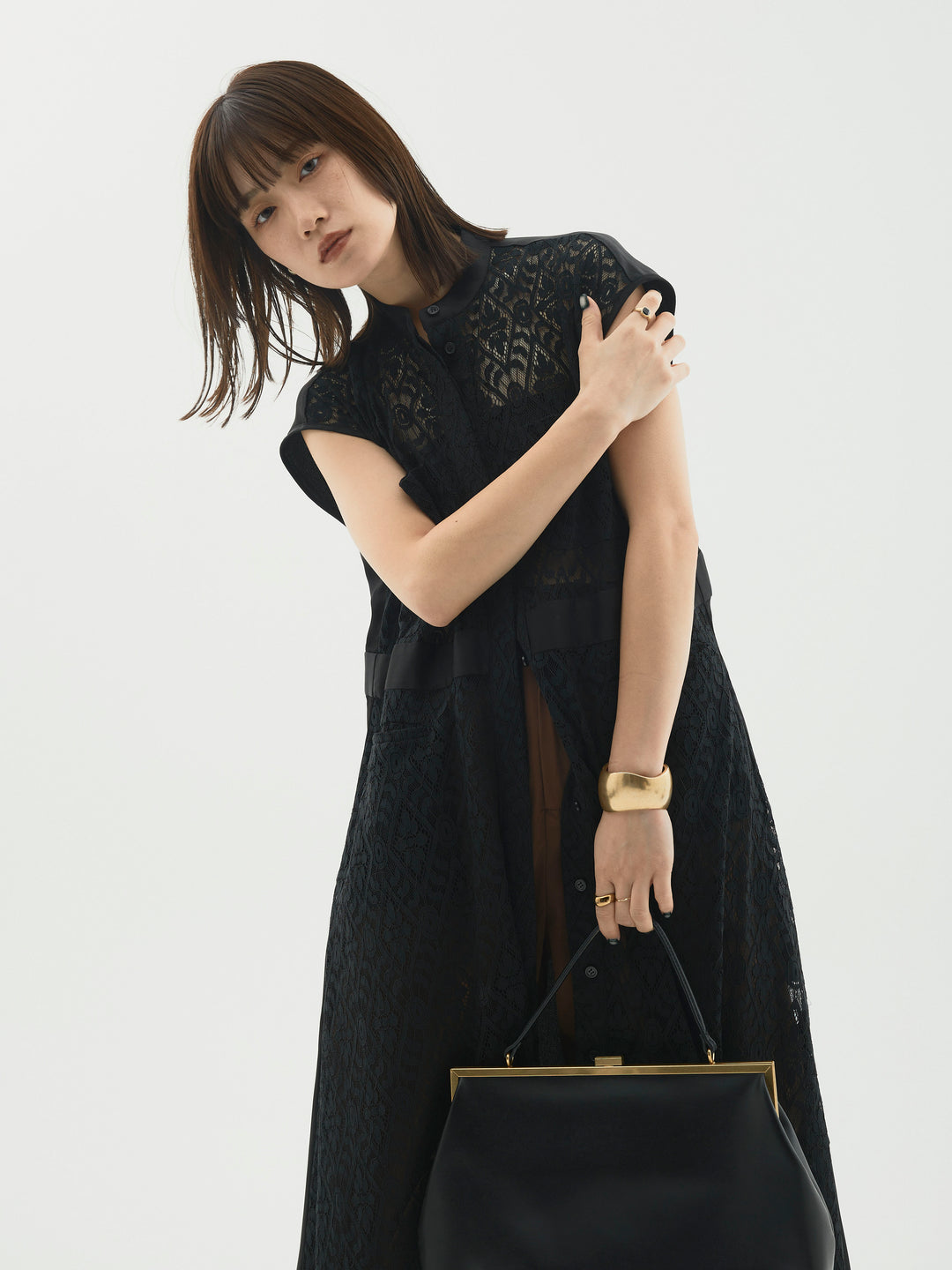 【Allure】[SET]レースサテン切替ワンピース+タフタワイドカーブパンツ(2set)