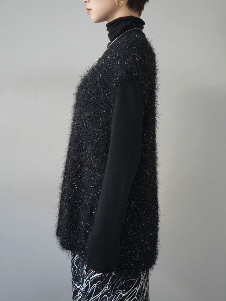 [Pre-order] Soft glitter shaggy V-neck knit vest/black