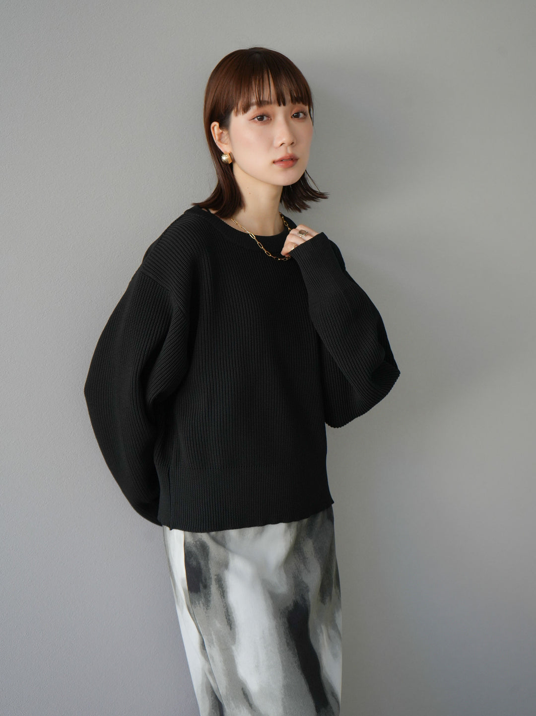 [予約]あぜ編みポリエステルニットプルオーバー/ブラック