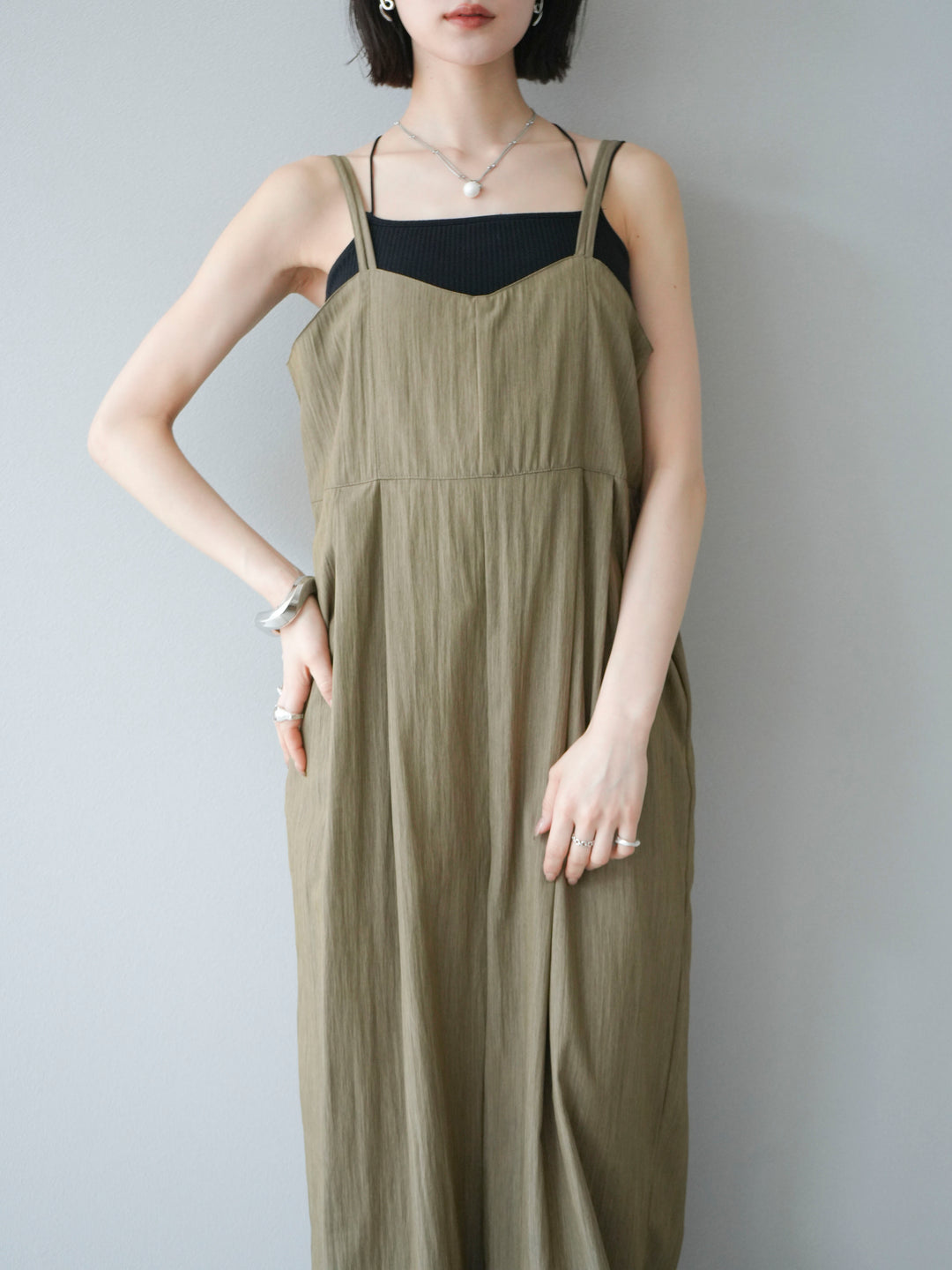 [予約]リネンライクビスチェデザインサロペット/グレージュ