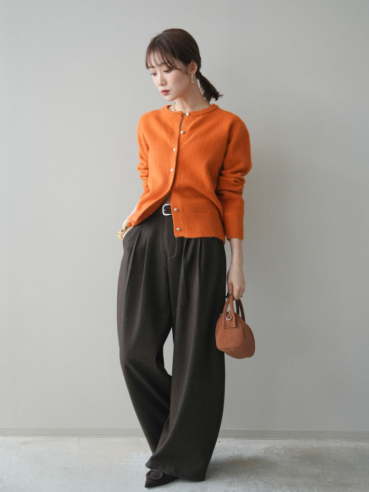 [予約]アニマル柄ベルト付きウールタッチワイドパンツ/brown