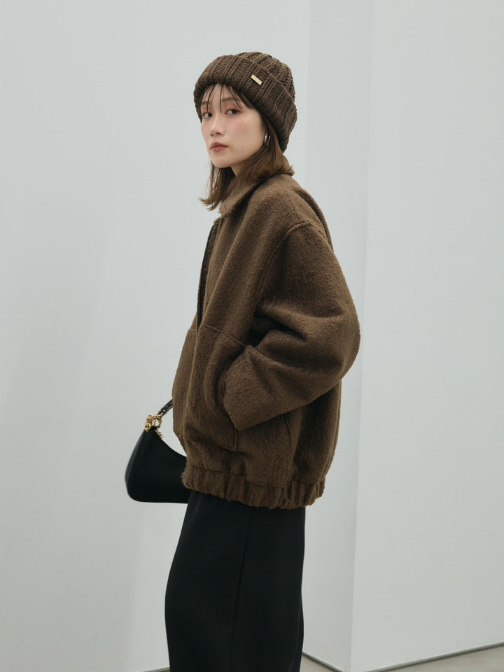 【Allure】[SET]スタンドカラーシャギーフライトジャケット+フロントツイストホールリブニットトップス(2set)