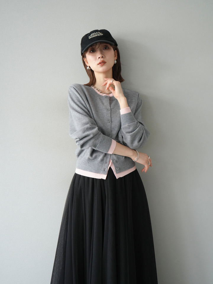 [SET]配色レイヤードカーディガン+チュールボリュームスカート(2set)