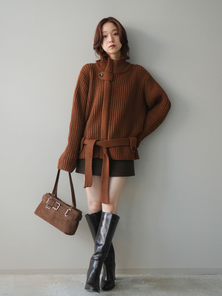 [SET]畦編みボトルネックZIPニットカーディガン+ウールタッチベルト付ミニスカート(2set)