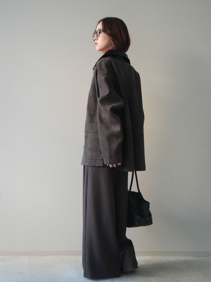 [SET]襟レザーステンカラースエードジャケット+袖ボタンボトルネックリブニットトップス+ベルトループデザインワイドパンツ(3set)