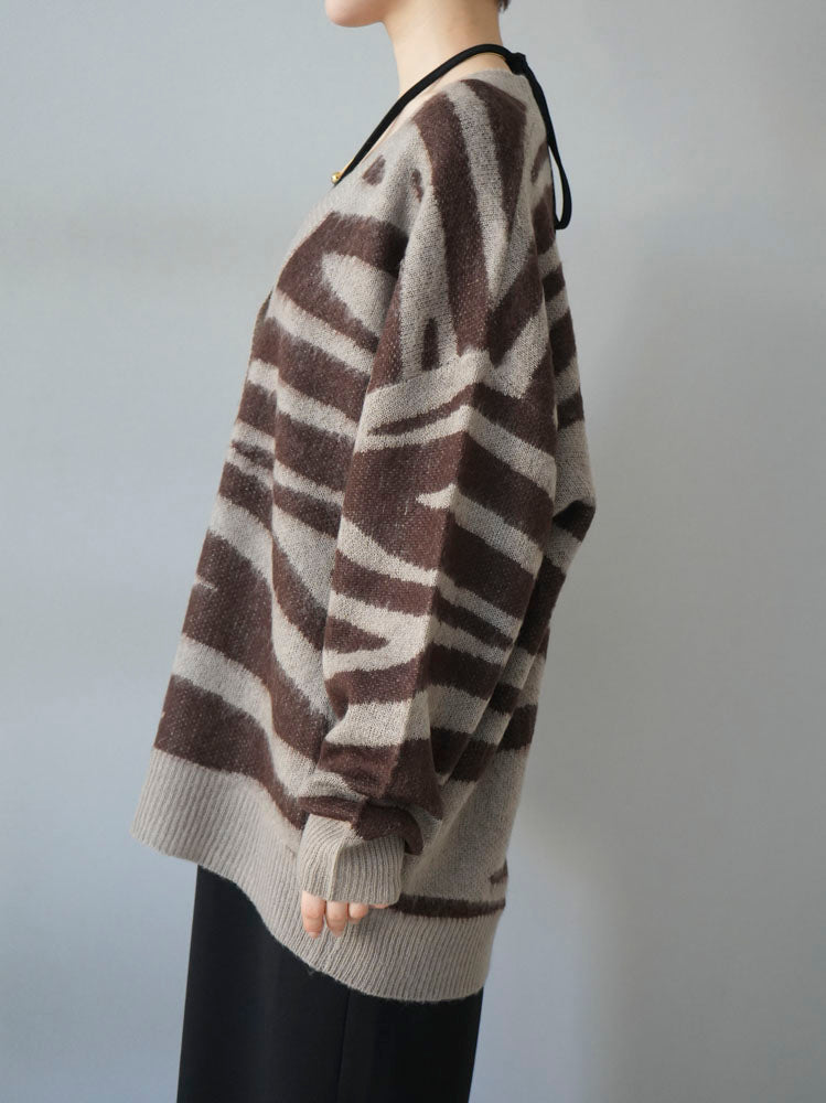 [Pre-order] Zebra print mohair knit cardigan/mocha