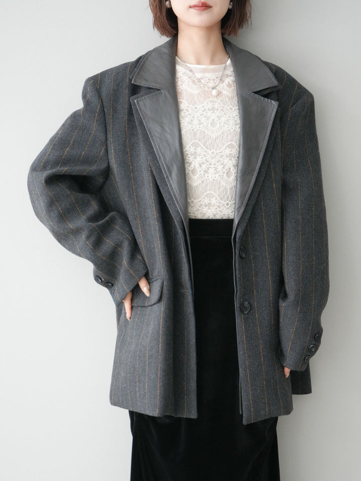 [SET]レイヤードデザインツイードテーラードジャケット+チュールレーストップス+ギャザーベロアスカート(3set)