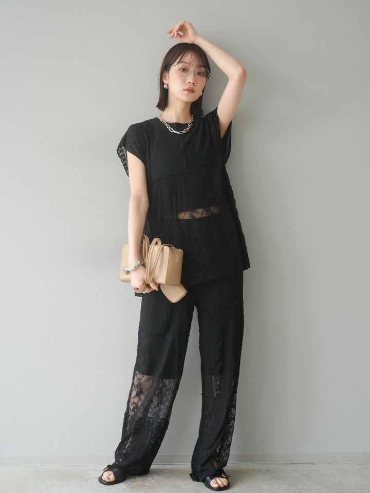 【預購】拼布蕾絲寬褲/黑