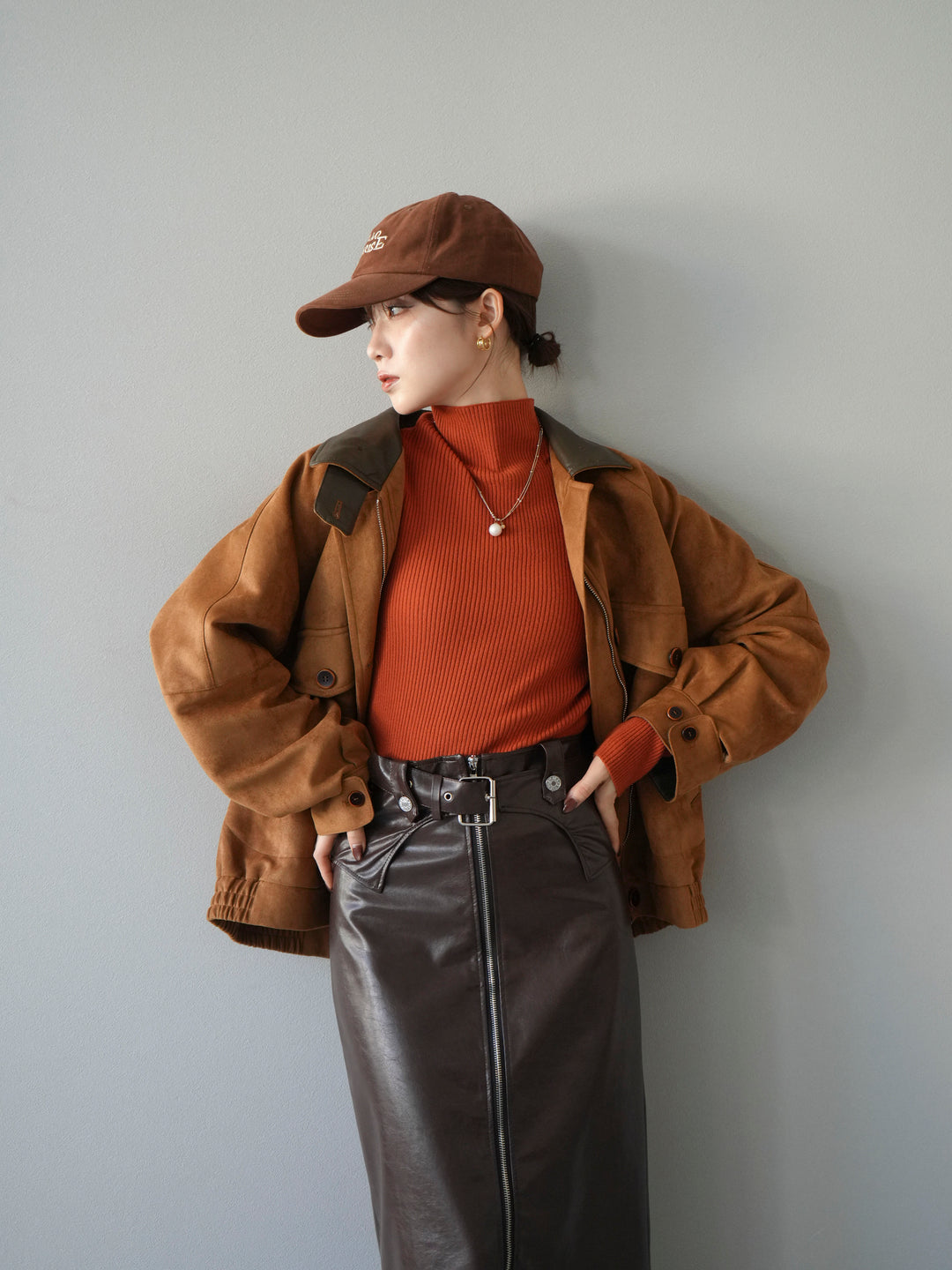 [予約]デザインポケットレザー襟スウェードジャケット/キャメル