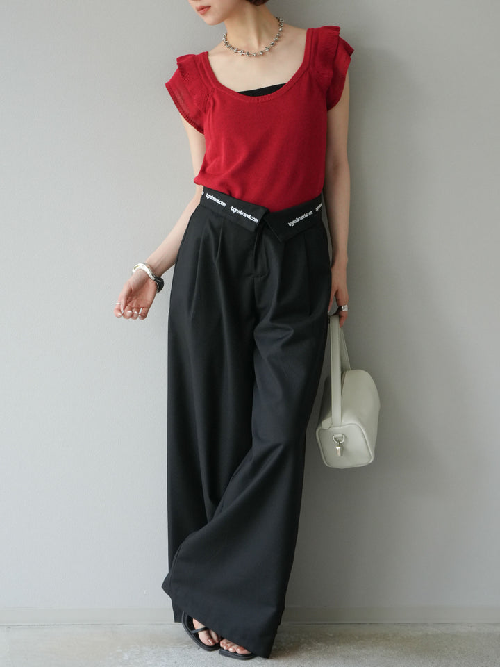 [予約]ウエスト折り返しロゴタックワイドパンツ/ブラック