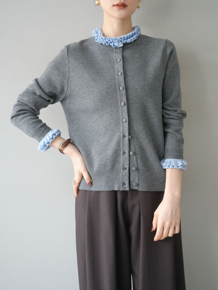 [予約]フリルデザインコンパクトニットカーディガン/グレー