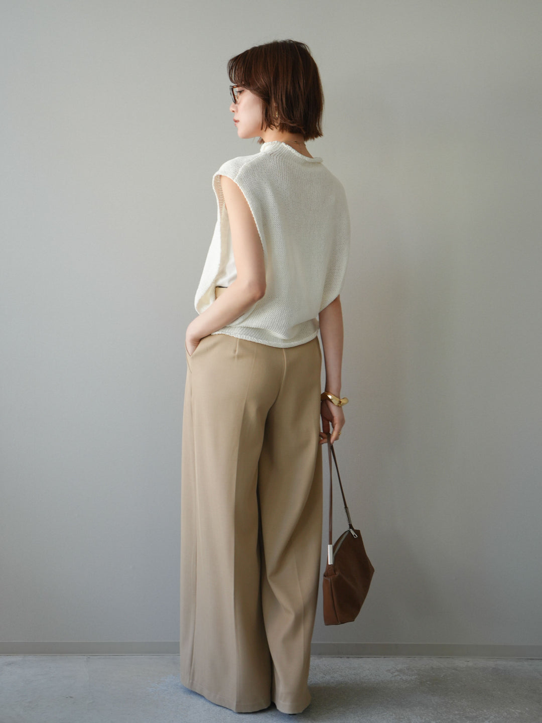 【套裝】開襟針織上衣+銀色搭扣垂褶闊腿褲（兩件套）