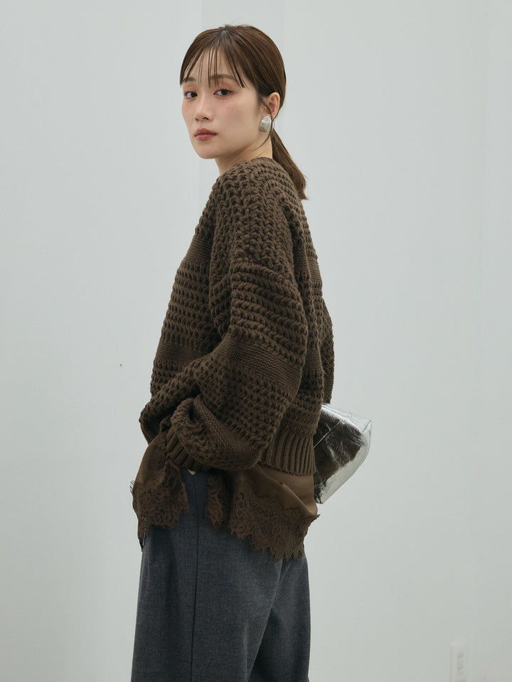 【Allure】[SET]ライン編みニットプルオーバー+ループデザインツイルワイドパンツ(2set)