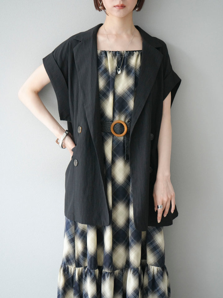 [SET]ベルト付チェックノースリーブワンピース+リネンライクノースリーブダブルジレ(2set)