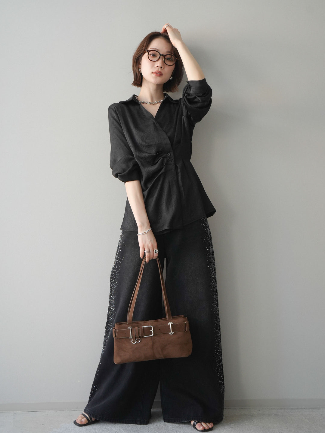 [予約]サイドビジューワイドデニムパンツ/black