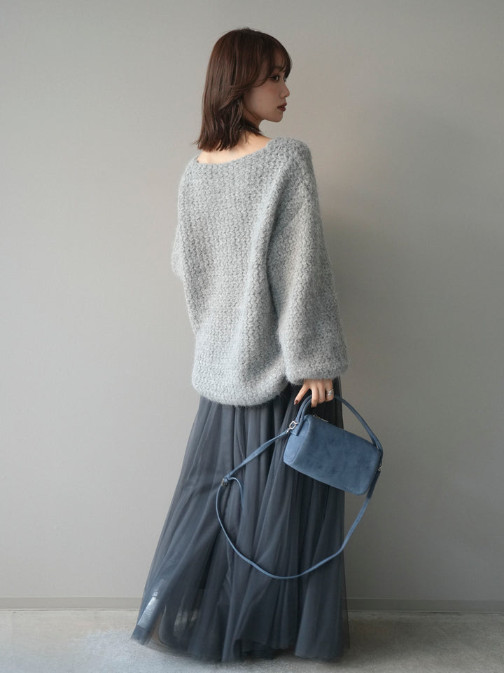 [SET]ウールタッチラメミックスヤーンVネックニットプルオーバー+チュールボリュームスカート(2set)