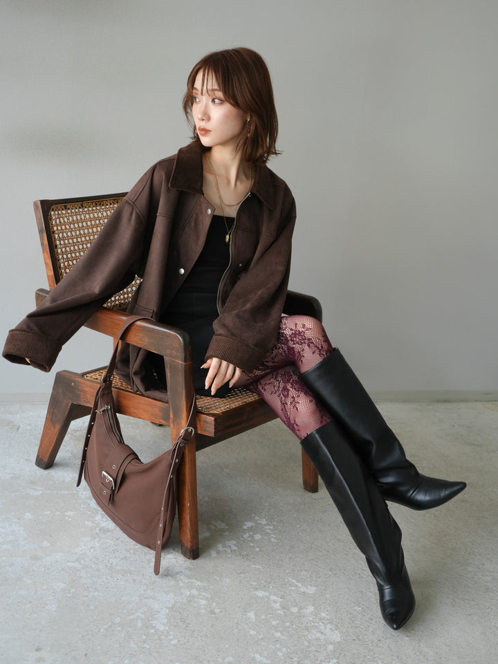 [予約]コーデュロイ襟スウェードミドルジャケット /ブラウン