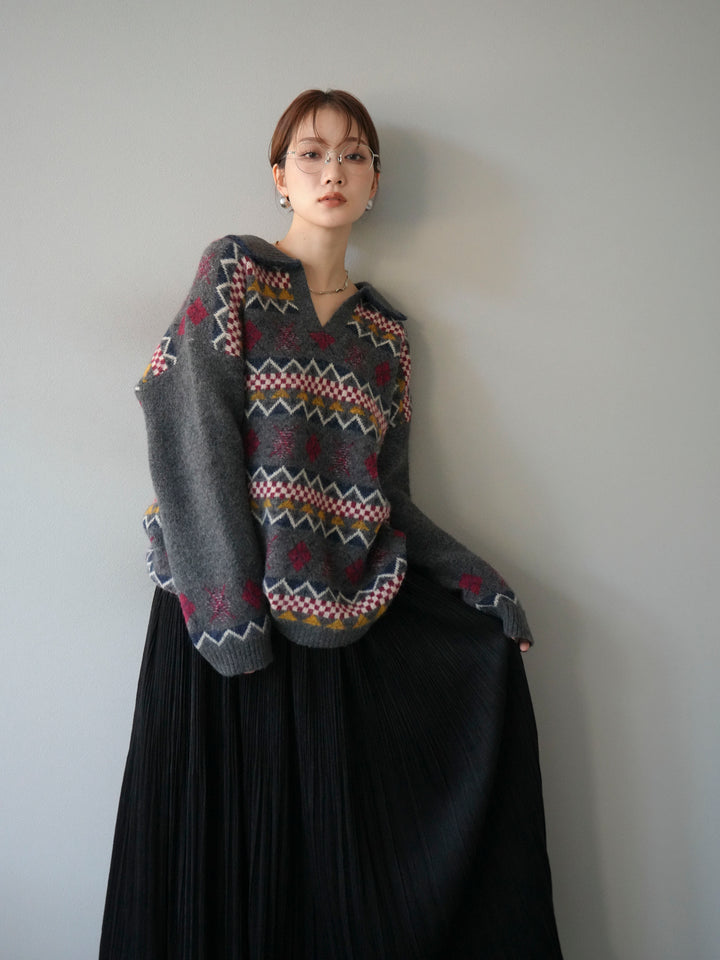 [予約]ノルディック柄ポロニットプルオーバー/チャコール