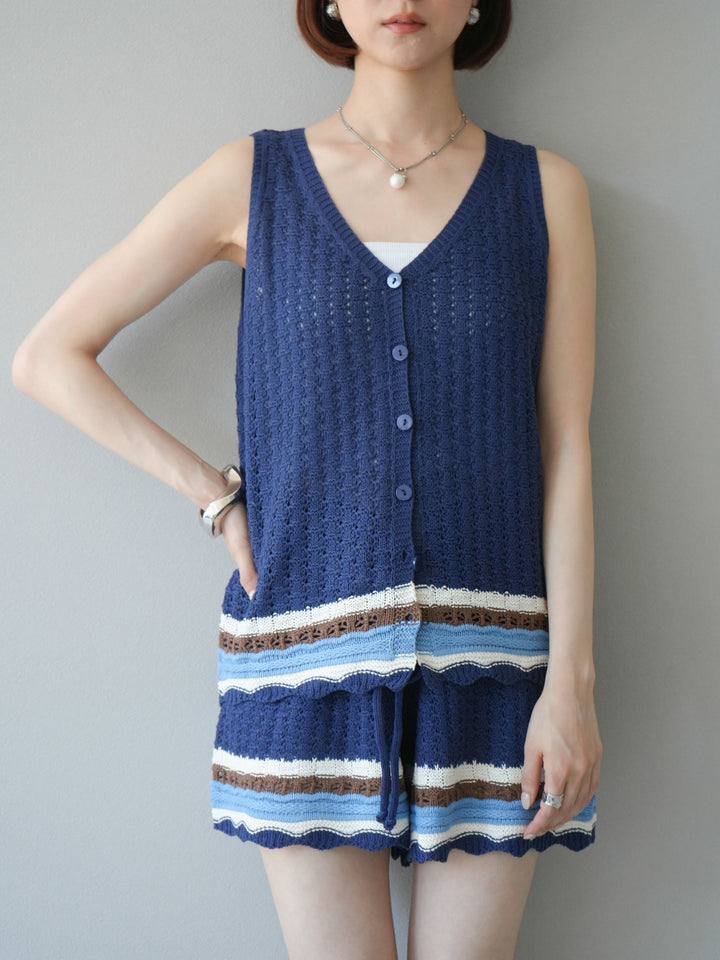 [SET]裾マルチボーダーニットベスト＆ショートパンツ SET UP(2set)
