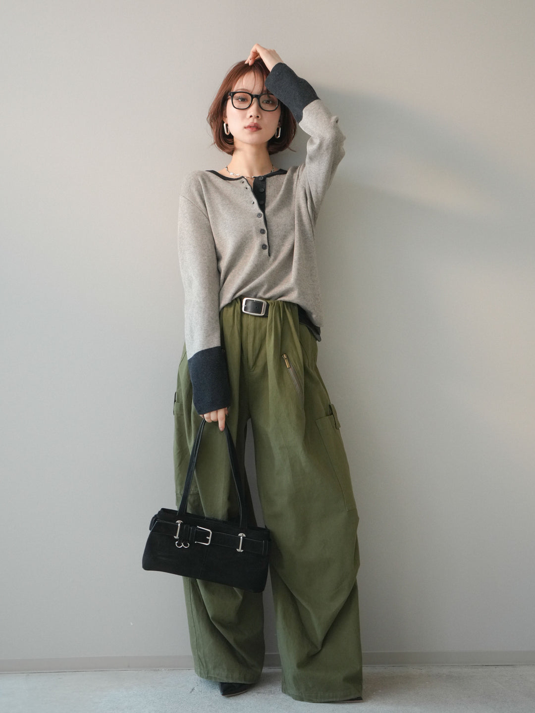 [SET]ヘンリーネック配色ニットソー+コットンタックループパンツ(2set)