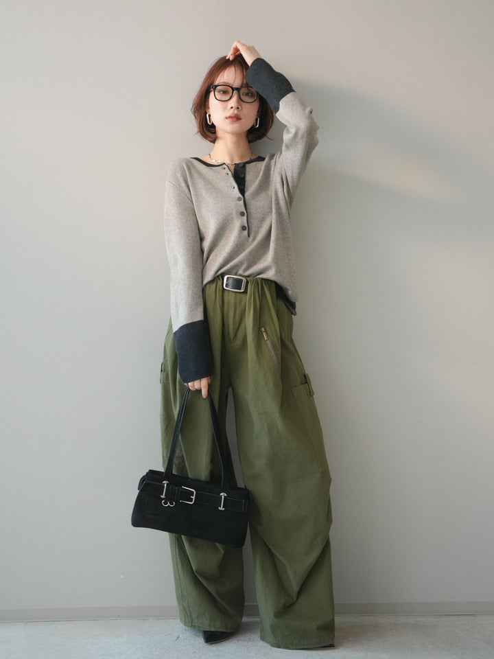 [SET]ヘンリーネック配色ニットソー+コットンタックループパンツ(2set)