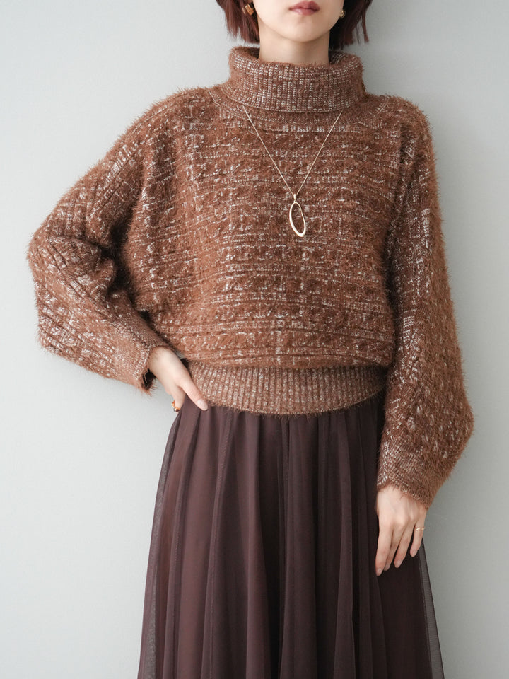 [予約]オフタートルケーブル編みニットプルオーバー/brown
