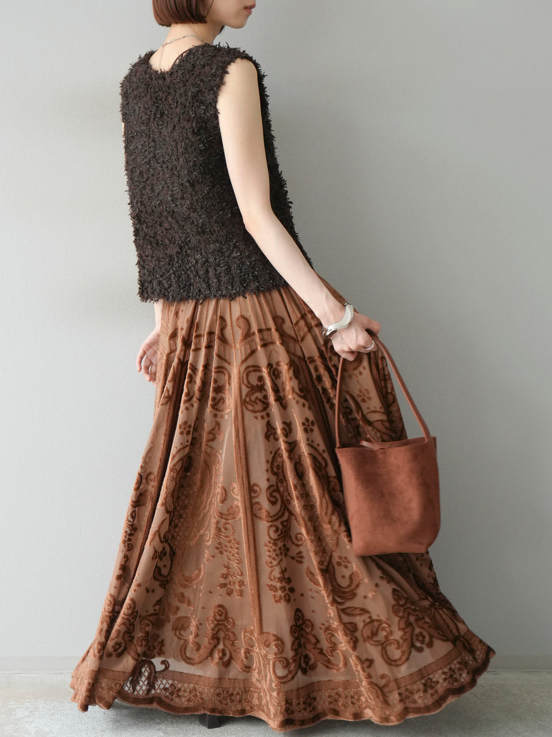 [予約]アンティーク柄フロッキーマキシスカート/ブラウン