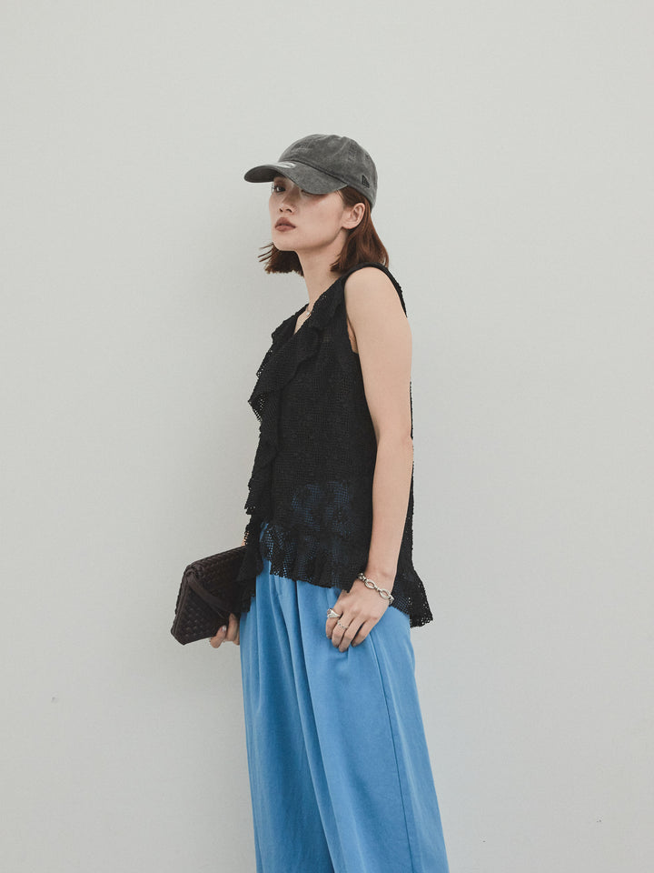 [SET]テープヤーンラッフルノースリトップス+リネンタッチタックワイドパンツ (2set)